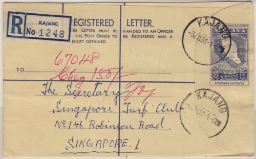 Malaya - 30 C. Einschreibe-GA-Umschlag, Kajang - Singapore 1961