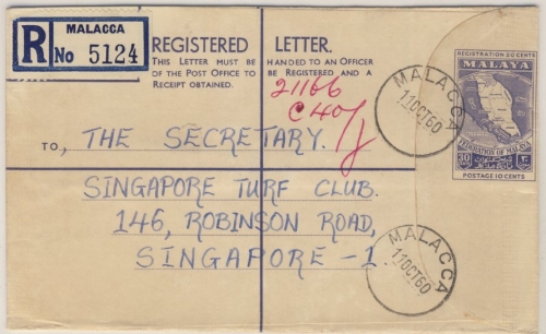 Malaya - 30 C. Einschreibe-GA-Umschlag, Malacca - Singapore 1960