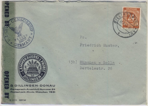 Kontrollrat - 24 Pfg. Ziffer, illustr. Firmenbrief Lammbrauerei Dillingen 1947