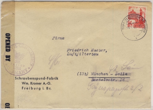 FZ-Baden - 24 Pfg. Zensurbrief Freiburg - München 1947, US-Zensurverschluss
