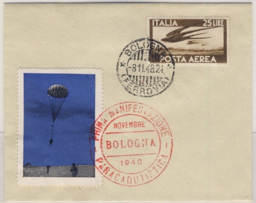 Italien - Paracadutistica Bologna 8.11.1948, Vignette+roter Werbestpl. a. Brief