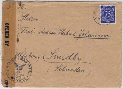 Kontrollrat - 75 Pfg. Ziffer, Zensurbrief n. SCHWEDEN, Kipfenberg - Smedby 1946