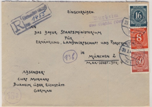 Kontrollrat - Buxheim über Eichstätt, Landpost-L2 a. Einschreibebrief 1947