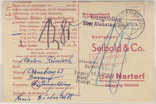 BRD - Gungolding über Eichstätt, Landpost-L2 a. Karte Nachporto n. Nortorf 1957