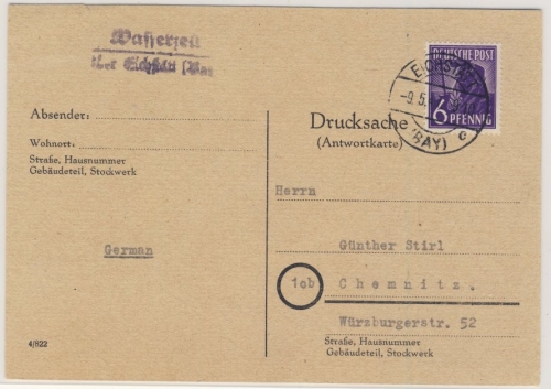 Kontrollrat - Wasserzell über Eichstätt, Landpost-L2 a. Drucks-Karte n. Chemnitz