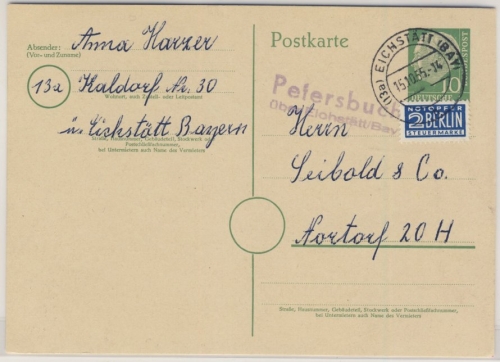 BRD - Petersbuch über Eichstätt, Landpost-L2 a. 10 Pfg. GA-Karte n. Nortorf