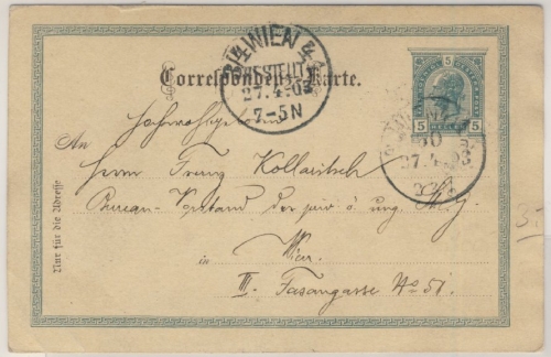 Österreich - 5 H. FJ Ganzsache m. Privatfoto, Ortskarte Wien 1903