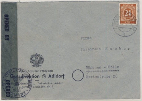 Kontrollrat - 24 Pfg. Ziffer Firmenkuvert Graf Arco Eichendorf München 1947