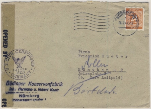 Kontrollrat - 24 Pfg. Ziffer, Zensurbrief Nürnberg - München 1947, Nachsendung