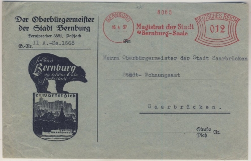 DR - 12 Pfg. AFS Magistrat Bernburg Saale illustr. Brief n. Saarbrücken 1937