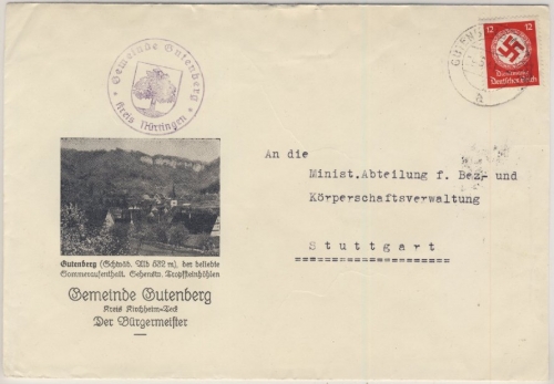 DR - Gutenberg Kr. Kirchheim Teck, illustr. Kuvert d. Gemeinde n. Stuttgart 1941
