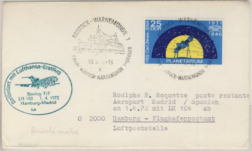 DDR - Schiffspost Rostock-Warnemünde Zuleitung LH-1st-Flug Hamburg - Madrid 1972