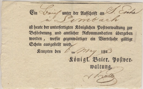 Bayern - Kempten 1823, Aufgabeschein m. Ortsvordruck f. Brief n. Limbach