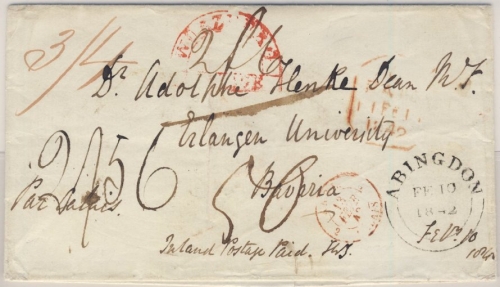 England/Bayern - Abingdon 1842, Teilfranko-Brief n. Erlangen, Transit Frankreich