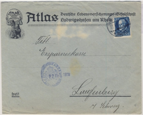 Bayern - 20 Pfg. Ludwig, Firmenbrief i.d. SCHWEIZ, Zensur, Ludwigshafen -