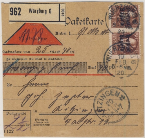 Bayern - 2x50 Pfg. Ludwig/Freistaat, Nachnahme-Paketkarte Würzburg 6 - Kitzingen