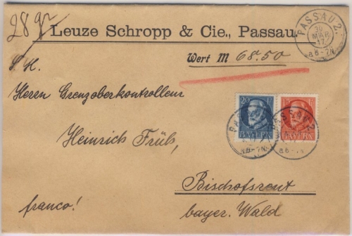 Bayern - 20+15 Pfg. Ludwig, Wertbrief Passau - Bischofsreut 30.3.17