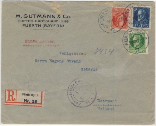 Bayern - 20+10+5 Pfg. Ludwig, Einschreibebrief n. HOLLAND, Zensur, Fürth -
