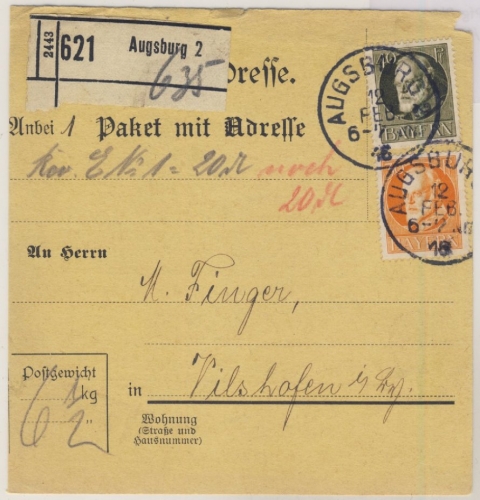 Bayern - 40+30 Pfg. Ludwig, Paketkarte (Nachporto !) Augsburg 2 - Vilshofen