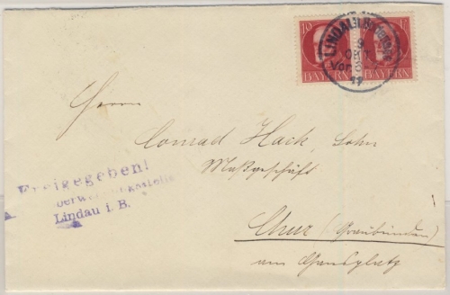 Bayern - Freigegeben ! Milit. Überwachungsstelle Lindau i.B., viol. L3 a. Brief