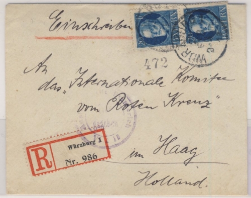 Bayern - 2x20 Pfg. Ludwig., Einschreibebrief n. HOLLAND, Würzburg - Haag 1918