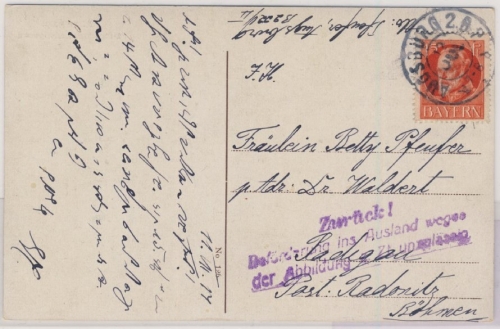 Bayern - 10 Pfg. Ludwig, Karte n. ÖSTERREICH 1917, Zurückweisung/Zensur