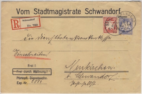 Bayern - 10+20 Pfg. Wappen, Einschreibebrief Schwandorf - Neukirchen 1909