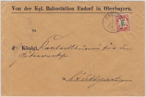 Bayern - 10 Pfg. Wappen/E, Dienstbrief Endorf - Stuttgart (Württemberg !) 1909