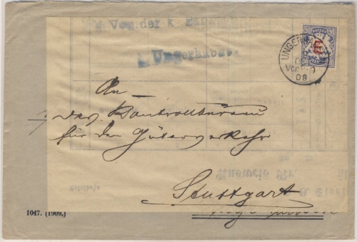 Bayern - 20 Pfg. Wappen/E, Dienstbrief Ungerhausen - Stuttgart (Württemberg !)