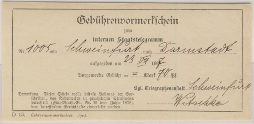 Bayern - Gebührenvormerkschein z. internen Staatstelegramm, Schweinfurt -