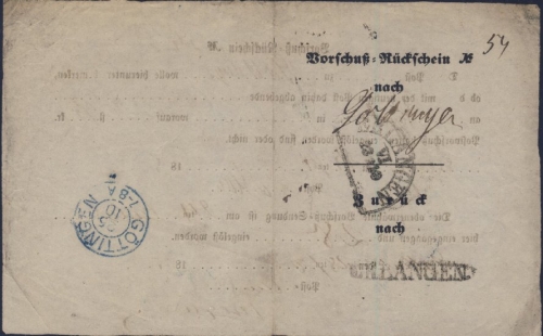 Bayern/Hannover - Vorschuß-Rückschein Göttingen - Erlangen 1865
