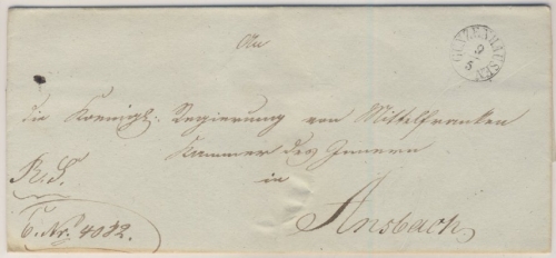 Bayern - Gunzenhausen, Fingerhut-Stpl. a. Dienstbrief (ca. 1840) n. Ansbach