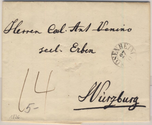 Bayern - Rosenheim 1836, Fingerhut-Stpl. a. 14 Kr. Portobrief n. Würzburg