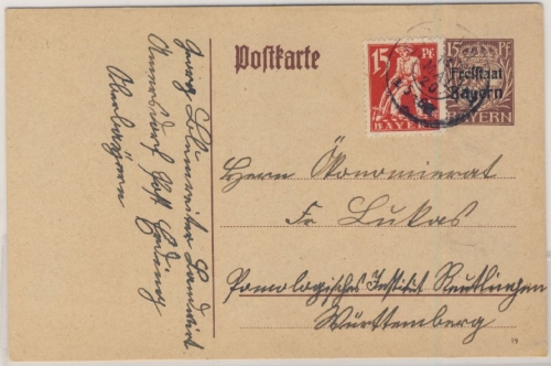 Bayern - 15 Pfg. Hupp/Freistaat GA-Karte + Zusatz, Erding - Reutlingen 14.5.20 !