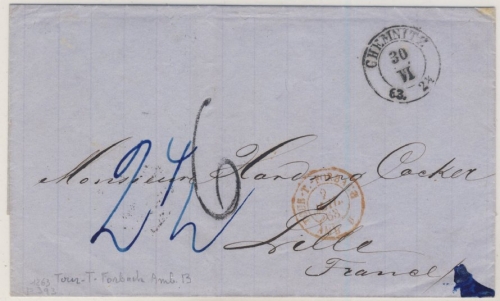 Sachsen/Frankreich - Chemnitz 1863, Portobrief n. Lille Grenzübergangsstempel