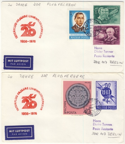 Ungarn - 20 Jahre Linienflug/Interflug Berlin-Budapest 2 Sonderflugbriefe 1976