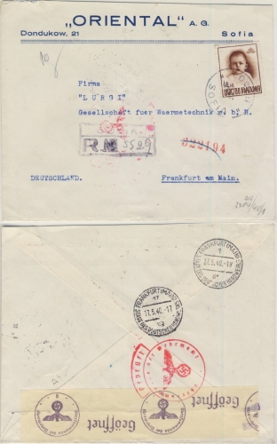Bulgarien - 14 L. Kronprinz Geburtstag, Zensur-Einschreibebrief Sofia - FFM 1940