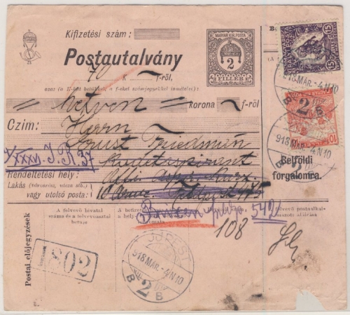 Ungarn - 2 F. GA-Postanweisung + Zusatz, Ujpest - Feldpost-Postamt 475, 1918