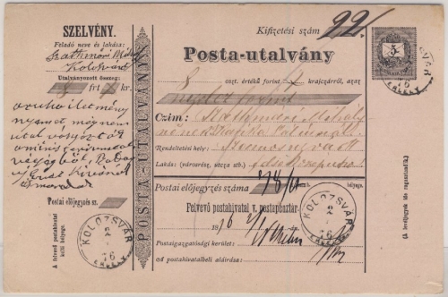 Ungarn/Rumänien - 5 Kr. Brief/Ziffer, GA-Postanweisung, Kolozsvar 1876 -