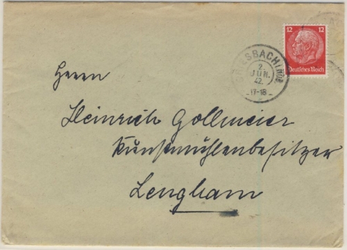 Bayern/3. Reich - Griesbach 2. JUN 42, Reservestempel a. Brief n. Lengham