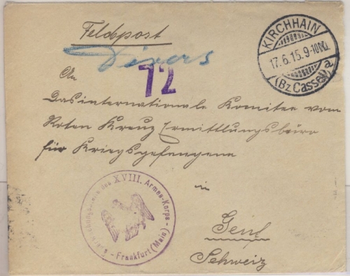 DR - Kriegsgefangenenpost Brief i.d. SCHWEIZ Kirchhain - Genf 1915 Zensurstempel