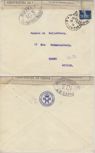 Frankreich - 25 C. Säerin, Zensurbrief i.d. SCHWEIZ, Paris - Bern 1916, Zensur-