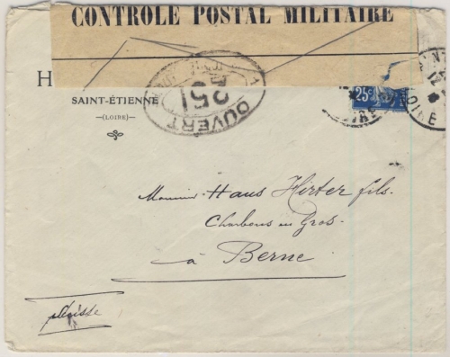 Frankreich - 25 C. Säerin, Zensurbrief i.d. SCHWEIZ, St. Etienne - Bern 1916