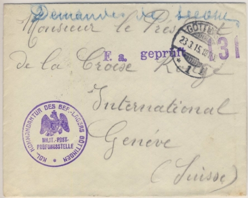 DR - Kriegsgefangenenpost Brief i.d. SCHWEIZ, Göttingen - Genf 1915, Lagerzensur