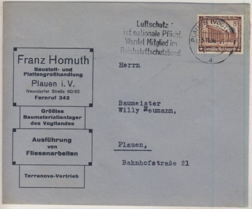 DR - 8 Pfg. WHW Bauten Ortsbrief Plauen 1936 - Firmenkuvert
