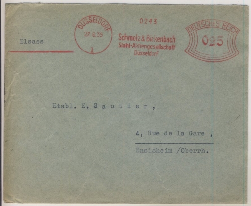 DR - 25 Pfg. AFS "Schmolz & Bickenbach Stahl", Brief n. FRANKREICH, Düsseldorf -