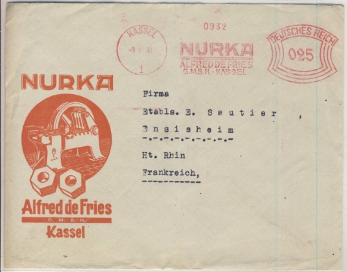 DR - 25 Pfg. AFS "NURKA Alfred de Fries GmbH", Brief n. FRANKREICH, Kassel -