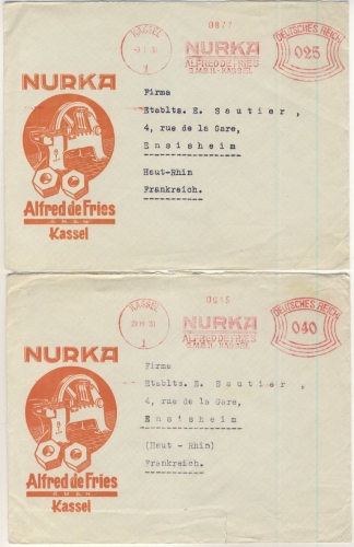 DR - 25+40 Pfg. AFS "NURKA Alfred de Fries GmbH", 2 Briefe n. FRANKREICH, Kassel