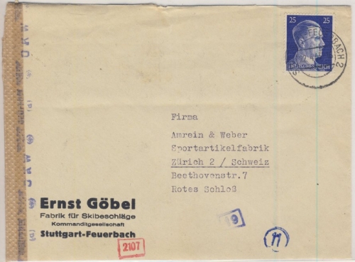 DR - 25 Pfg. AH, Zensurbrief i.d. SCHWEIZ, Stuttgart-Feuerbach - Zürich 1943