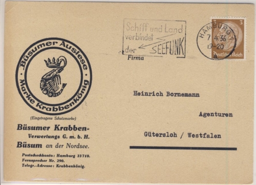 DR - Büsumer Auslese, Marke Krabbenkönig, illustr. Firmenkarte Büsum - Gütersloh